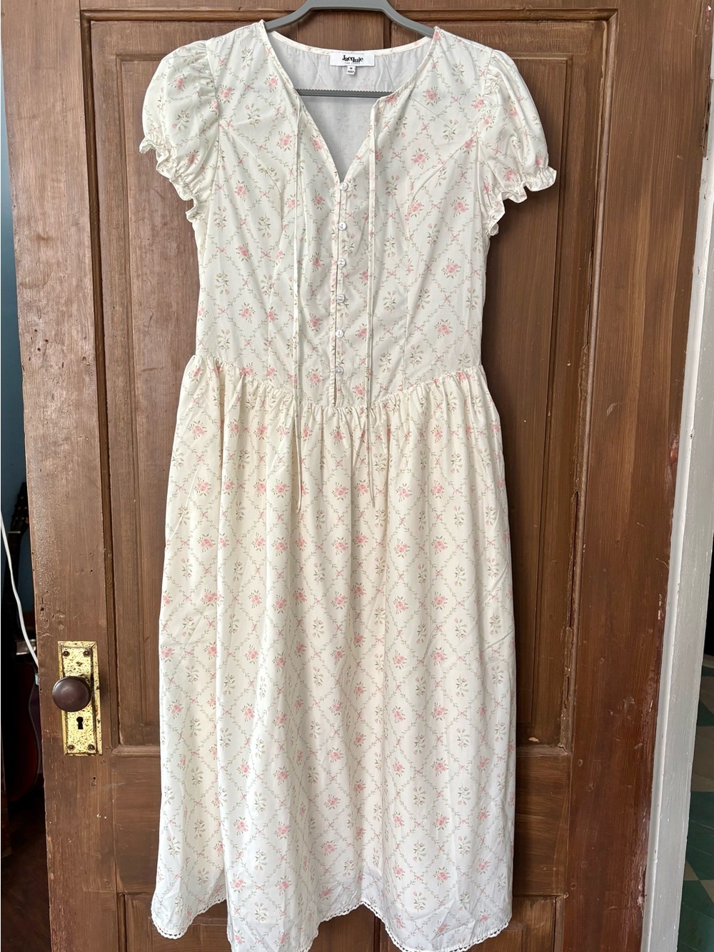 Jacqui E Cream Midi Dress with Pink Floral Print